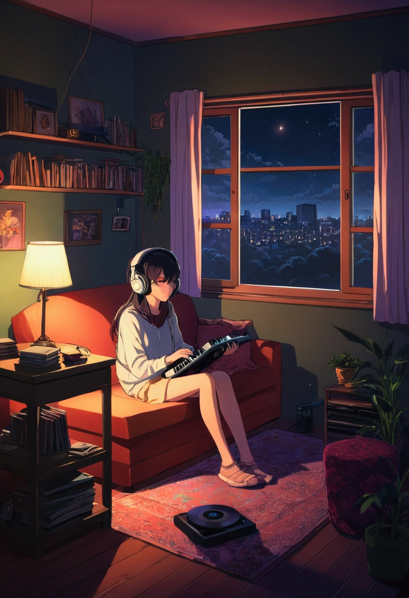 night、Girl listening to music in a cozy room, Usando Furnes de Ubiedo, 2D Style Anime, Lo-Fi, hard disk, Dark Environment