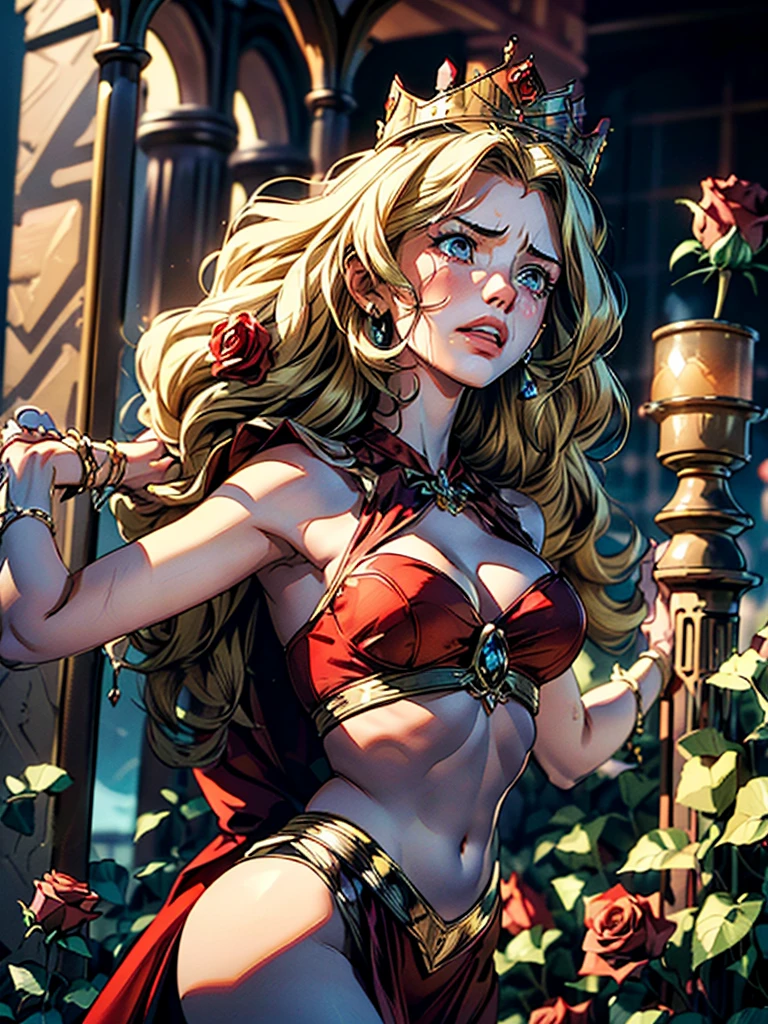 (The highest image quality, master piece:1.2), (Ultra Definition Illustration), (very beautiful matured queen, 45yo:1.3), (captured, prison), rpgroyal, (sleeveless gorgeous queen red dress with roses:1.3), (armpit, blond wavy hair, embarrassed, crying,  sultry look, seductive,
