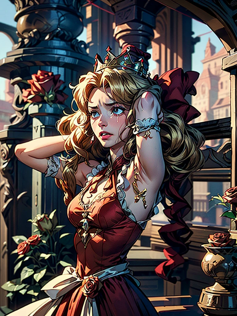 (The highest image quality, master piece:1.2), (Ultra Definition Illustration), (very beautiful matured queen, 45yo:1.3), (captured, prison), rpgroyal, (sleeveless gorgeous queen red dress with roses:1.3), (armpit, blond wavy hair, embarrassed, crying,  sultry look, seductive,
