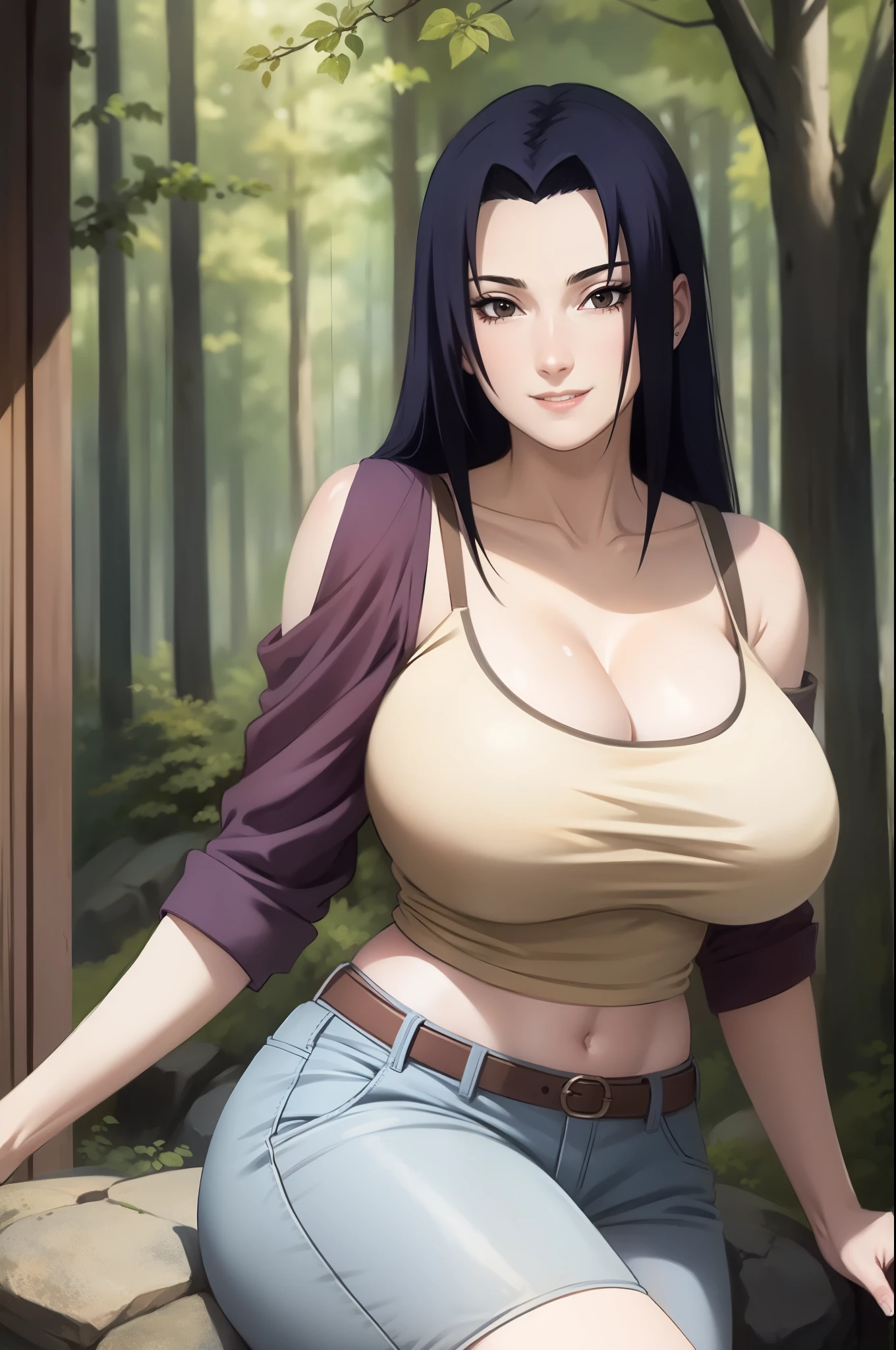 Mikoto Uchiha, oil painting, highly detailed, realistic, portrait, bright colors, soft lighting, (best quality, 4k,8k, height, masterpiece: 1.2), (big round breasts: 1.5), professional, long black hair, eyes black, beautiful detailed eyes and face, very detailed smile, long eyelashes, sitting on a rock, looking towards the viewer, very short top, big butt, bare shoulders, white shorts, outdoors, forest, cowboy shot, collarbone.