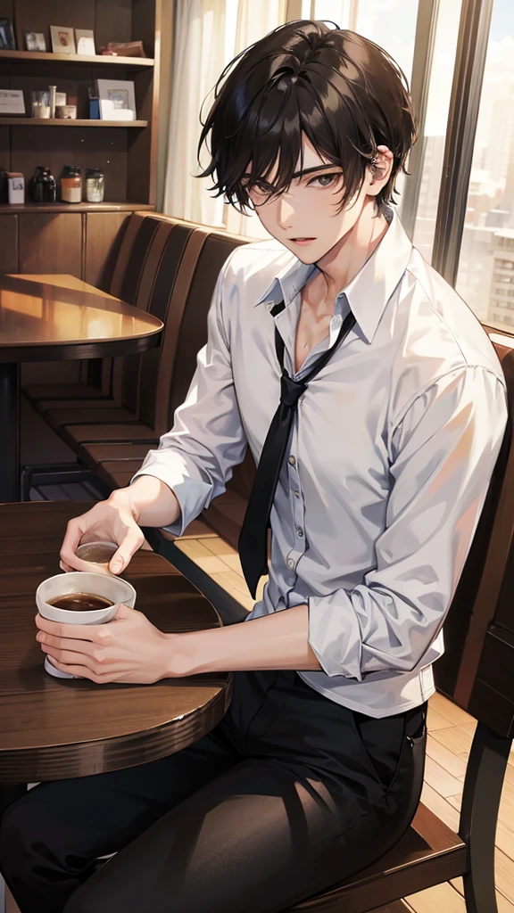 Anime image of a handsome young man with a cold face, short black hair, wearing a white shirt and black pants, sitting and drinking coffee in a cafe.