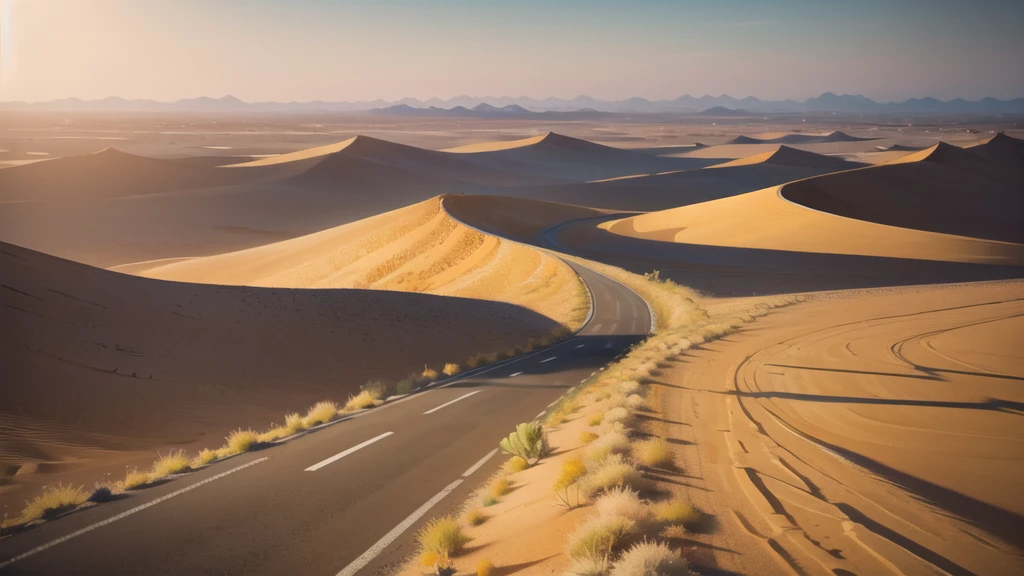 (desert :1.2),road ,(รถกระบะวิ่งบนroad:1.2) landscape:1.5 , There's a fire in the distance.