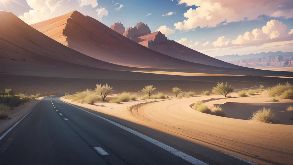 (desert  :1.2),road ,(รถกระบะวิ่งบนroad:1.2)  landscape:1.5 , There&#39;s a fire in the distance.