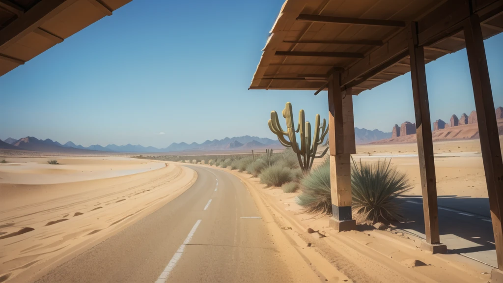 (desert  :1.2),road ,(รถกระบะวิ่งบนroad:1.2)  landscape:1.5 , There&#39;s a fire in the distance.