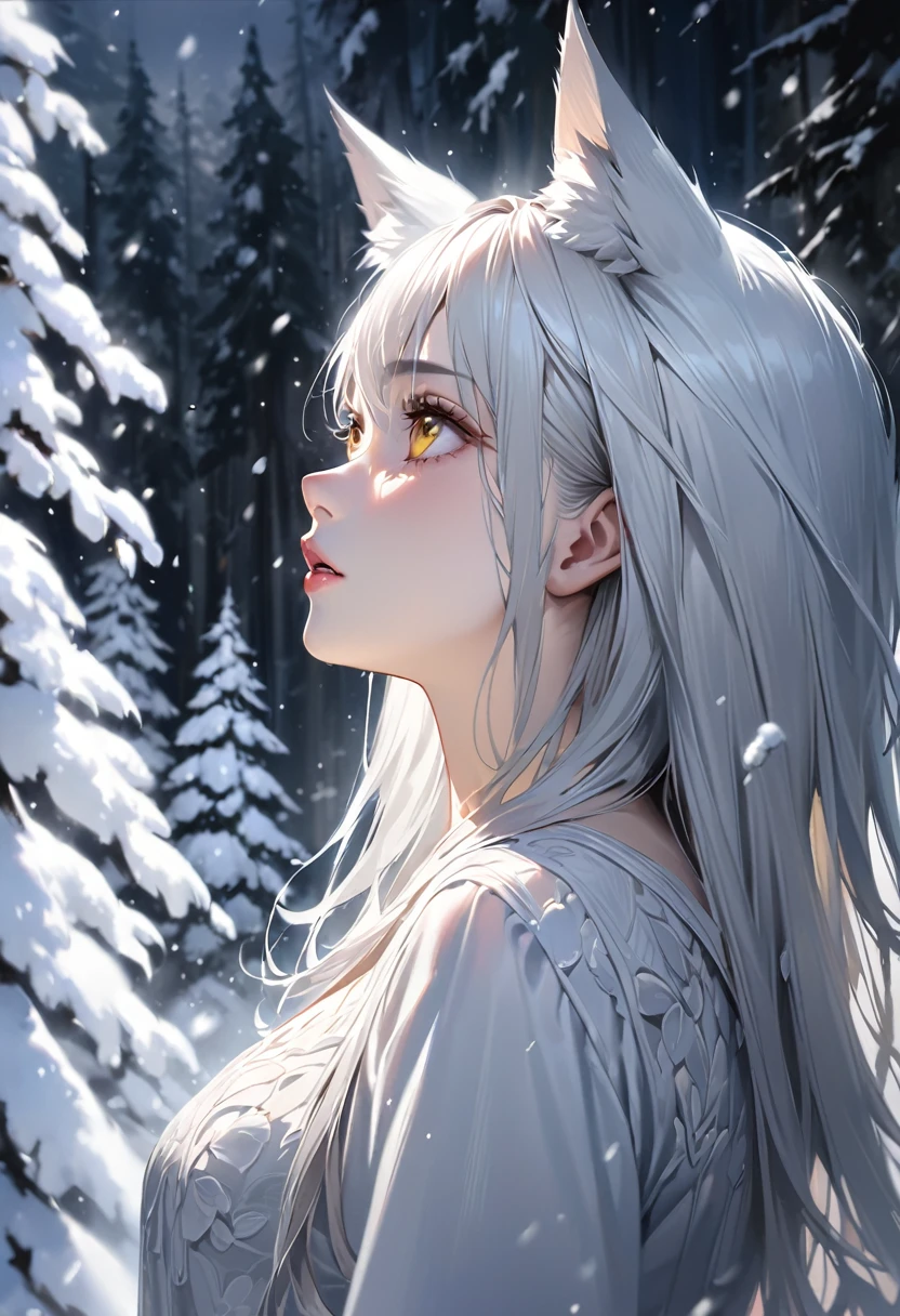 Highest quality、masterpiece、8K、Realistic、超High resolution、Very delicate and beautiful、High resolution、Fantasy World、(White werewolf)、White wolf ears、Yellow Eyes、Vertical eyes、Perfect female body、Beautiful woman、Snowy forest、Snowstorm、Blizzard、View from the side、Looking up at the sky。