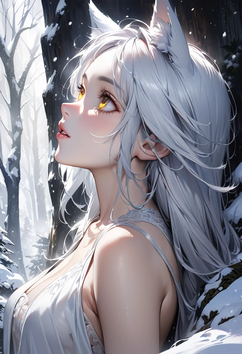 Masterpiece, best quality, night, outdoors, rainy days, lakeside, branches, Chinese style, 1 woman, mature woman, imperial sister, sister, silver white long haired woman, gray blue eyes, light pink lips, cold, serious, bangs, assassins, short knives, blood stains, blood, injuries, delicate face, delicate face,