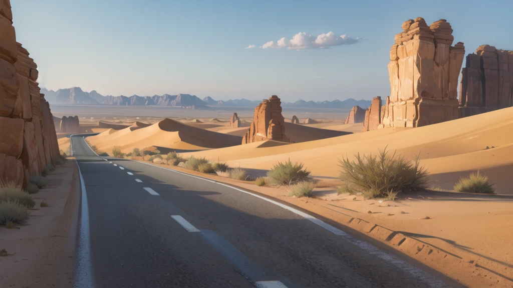 (desert :1.2),road ,(รถกระบะวิ่งบนroad:1.2) landscape:1.5 , There's a fire in the distance.