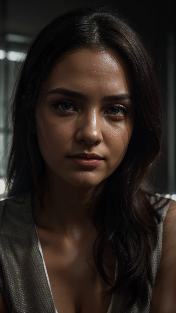 (best quality, highres, realistic:1.37), detailed eyes and face, beautiful lips, girl sitting in a detention center with iron bars, gloomy atmosphere, melancholy expression, dim lighting, black-and-white photography, cold colors, despair, isolation, desolation. [The character (complete) is surrounded by mist, evoking a mysterious and eerie atmosphere. The lighting is dark and atmospheric, with a red smoke adding a touch of sinister ambiance. Best quality image, with a resolution of 4k and HDR enhancement, showcasing the utmost level of detail and realism, full body shot:1.5]. [8K, Best Quality, Ultra High Resolution, (highly detailed CG unity 8k wallpaper), (best photo), (best shadows), isometric 3D, octane rendering, ray tracing, highly detailed, (Best quality, 4K, 8k:1.2), absurdity, ultra detailed, (realistic, photorealistic, photorealistic:1.37), complex parts, HDR, (complex parts:1.12), (hyper detailed, hyper realistic, Soft lighting, spicy:1.2), (complex parts, Hyper detailed:1.15). Blurred foreground. (backlit), masterpiece, high quality, brightness, chromatic aberration, 8k uhd, foggy smoke, shadows, contrast, clear sky, (warm hue, warm tone), high details, natural reflections].