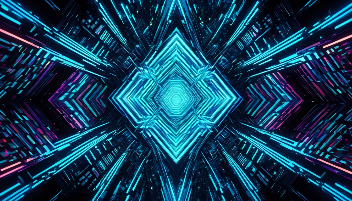 detailed abstract 3D shapes, holographic, volumetric, glowing, neon, cyberpunk, psychedelic, surreal, dynamic, kinetic, hypnotic, abstract geometric, fractal, kaleidoscopic, iridescent, reflective, shimmering, luminous, prismatic, mesmerizing, best quality, 8k, highres, masterpiece, extremely detailed, cinematic lighting, vibrant colors, digital art