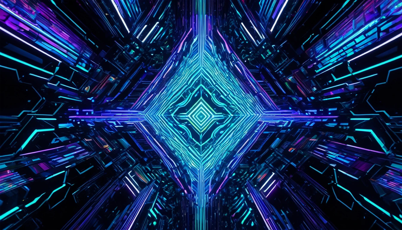 detailed abstract 3D shapes, holographic, volumetric, glowing, neon, cyberpunk, psychedelic, surreal, dynamic, kinetic, hypnotic, abstract geometric, fractal, kaleidoscopic, iridescent, reflective, shimmering, luminous, prismatic, mesmerizing, best quality, 8k, highres, masterpiece, extremely detailed, cinematic lighting, vibrant colors, digital art