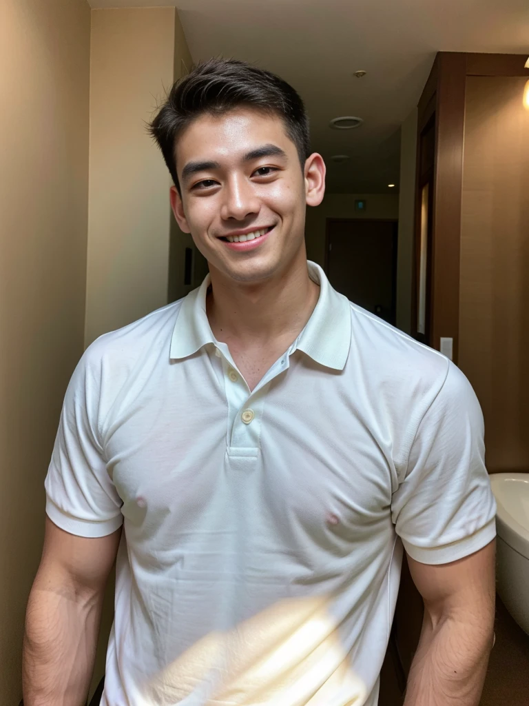 (best quality, 4K, 8K, high resolution, Masterpiece: 1.2), Special details, (realistically, As realistic as a photo, photo realistic: 1.37), Edge lighting, Extra detailed coloring, sharp focus, Physical rendering ,Extremely detailed description,professional,light color,Bokeh,Portrait,look at the viewer,
Young Asian man, 20 years old ,(Wear a white polo shirt.), smile ,bathroom