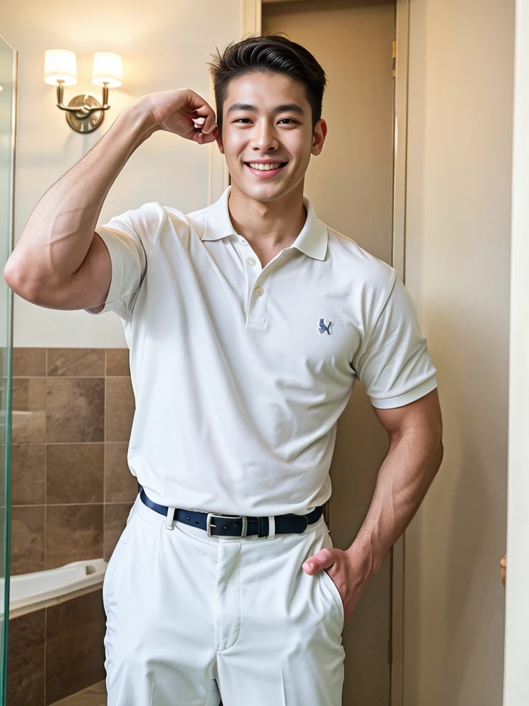 (best quality, 4K, 8K, high resolution, Masterpiece: 1.2), Special details, (realistically, As realistic as a photo, photo realistic: 1.37), Edge lighting, Extra detailed coloring, sharp focus, Physical rendering ,Extremely detailed description,professional,light color,Bokeh,Portrait,look at the viewer,
Young Asian man, 20 years old ,(Wear a white polo shirt.), smile ,bathroom
