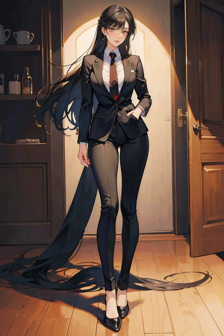 (masterpiece), best quality, seductive eyes, perfect face, mature woman, brown eyes, long tied black hair, long nose, tan brown skin, business suit, black necktie, extremely tall woman,  long legs, , full body, tall woman, long legs, big , anime cover, 1girl, ear piercings, hands in pockets, adult-like look, cafe background
