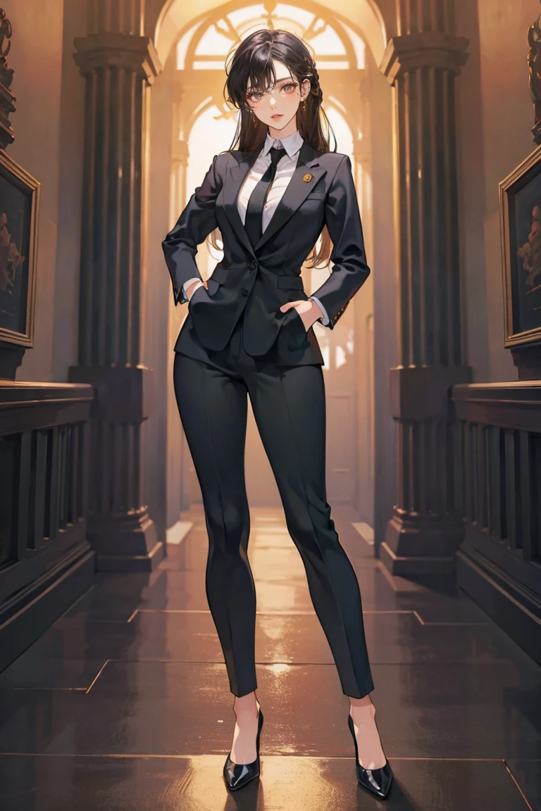 (masterpiece), best quality, seductive eyes, perfect face, mature woman, brown eyes, long tied black hair, long nose, tan brown skin, business suit, black necktie, extremely tall woman,  long legs, , full body, tall woman, long legs, big , anime cover, 1girl, ear piercings, hands in pockets, adult-like look, cafe background
