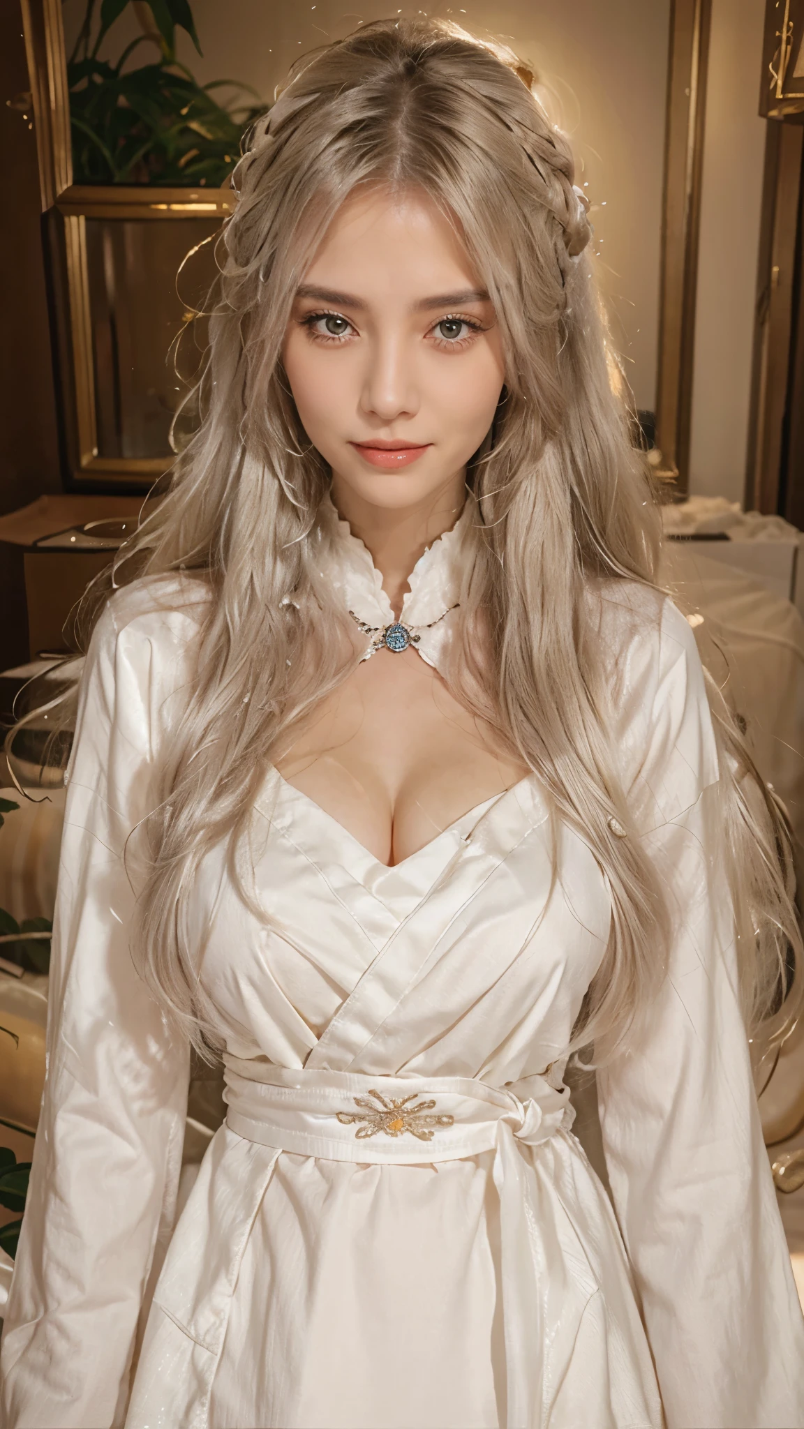 a beautiful detailed woman with long white hair, medium breasts, looking at the viewer, (detailed face), high resolution, photorealistic, Taoist, beautiful smile, open mouth