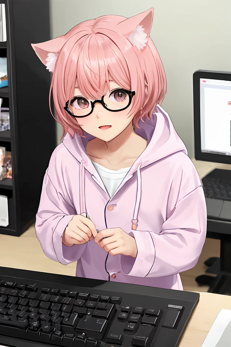 (score_9,score_8_up,score_7_up,score_6_up,score_5_up,score_4_up),masterpiece, top quality, best quality, official art, beautiful and aesthetic, animation, , 1girl with cat ear, perfect figure, pink hair, complicated details,, in front of the computer, wearing cute hooded pajamas, fingers flying on the keyboard, to 1boy, handsome face, broken bangs, round glasses, Japanese young brother introduced his origin ,