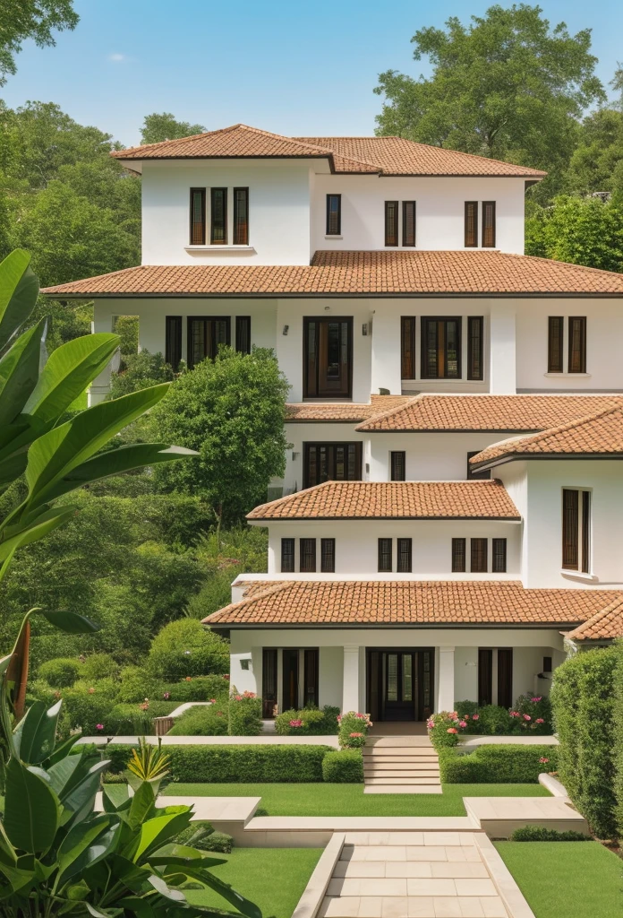 A highly detailed, high-resolution render of a modern garden house with a width of 7 meters, featuring a two-tiered sloped roof (Mái A) similar to the provided image but without any watermarks. The house has a clean white facade with black-framed windows and doors. The front porch includes outdoor furniture such as a small table and chairs, creating a cozy seating area. The entryway is well-lit with modern wall sconces. The surrounding garden is well-maintained with green lawns and some shrubs. The roof design is prominently highlighted with clear, crisp lines. Ensure the overall scene captures the simplicity and modern elegance of the house, with emphasis on the clean architectural lines and the harmonious integration with the surrounding garden. The image should be sharp, with a clear depth of field (DOF) to emphasize the details of the house's exterior and the garden elements.
