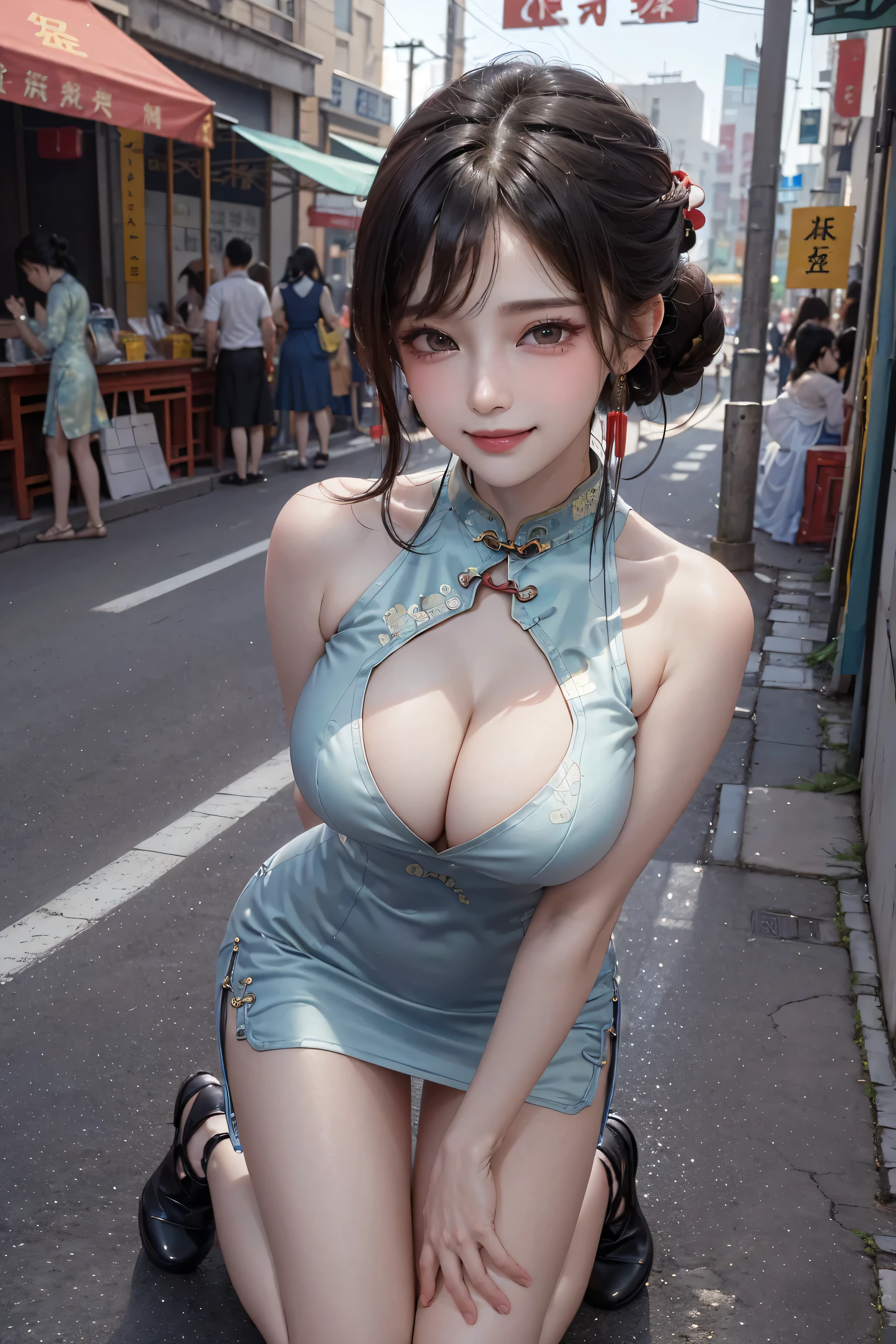 ((16K)),(masterpiece:1.3, Highest quality, Ultra-high resolution, Super detailed), (Realistic, photoRealistic:1.4), Perfect lighting, colorful, Depth of written boundary, Browsing Caution, Surrealism,Face Light,Beautiful detailed hair,Beautiful eyelashes, Beautifully detailed face, Beautiful fine details, Beautiful clavicle, Beautiful body, thin脚,Beautiful breasts, Beautiful feet, Beautiful Hands, Cleavage,Pointed Chest, thin, 1 girl, Perfect Face, Long eyelashes,Perfect Anatomy, Supermodel with a long neck,((Skinny1.3)),looking at the camera,(Perfect Anatomy,Anatomically correct, Highly detailed skin), Shiny skin,((beautiful girl:1.1)),(( large breasts:1.4)),(twin buns:1.3, Wavy Hair:1.2. Black Hair) ,diagonal bangs,Dainty facial structure,((Cute smile:1.3 )),((Kneeling pose:1.4)), hand on own chest,((wind effect)),((wearing Cheongsam/cheongsam:1.4)),sexy and glamorous black cheongsam (Chinese dress) ,The dress should feature intricate patterns and a high slit, highlighting its elegant and sultry design. The overall appearance should be striking and eye-catching,cleavage cutout,tight mini skirt,sleeveless, ((wide shot:1.2)),(from below:1.1)),Generate an image of a vibrant and colorful street in Shanghai. The street should be bustling with activity, showcasing bright lights, colorful signs, and a lively atmosphere. Include iconic elements such as traditional Chinese architecture, modern buildings, street vendors, and people walking around to capture the dynamic essence of Shangh