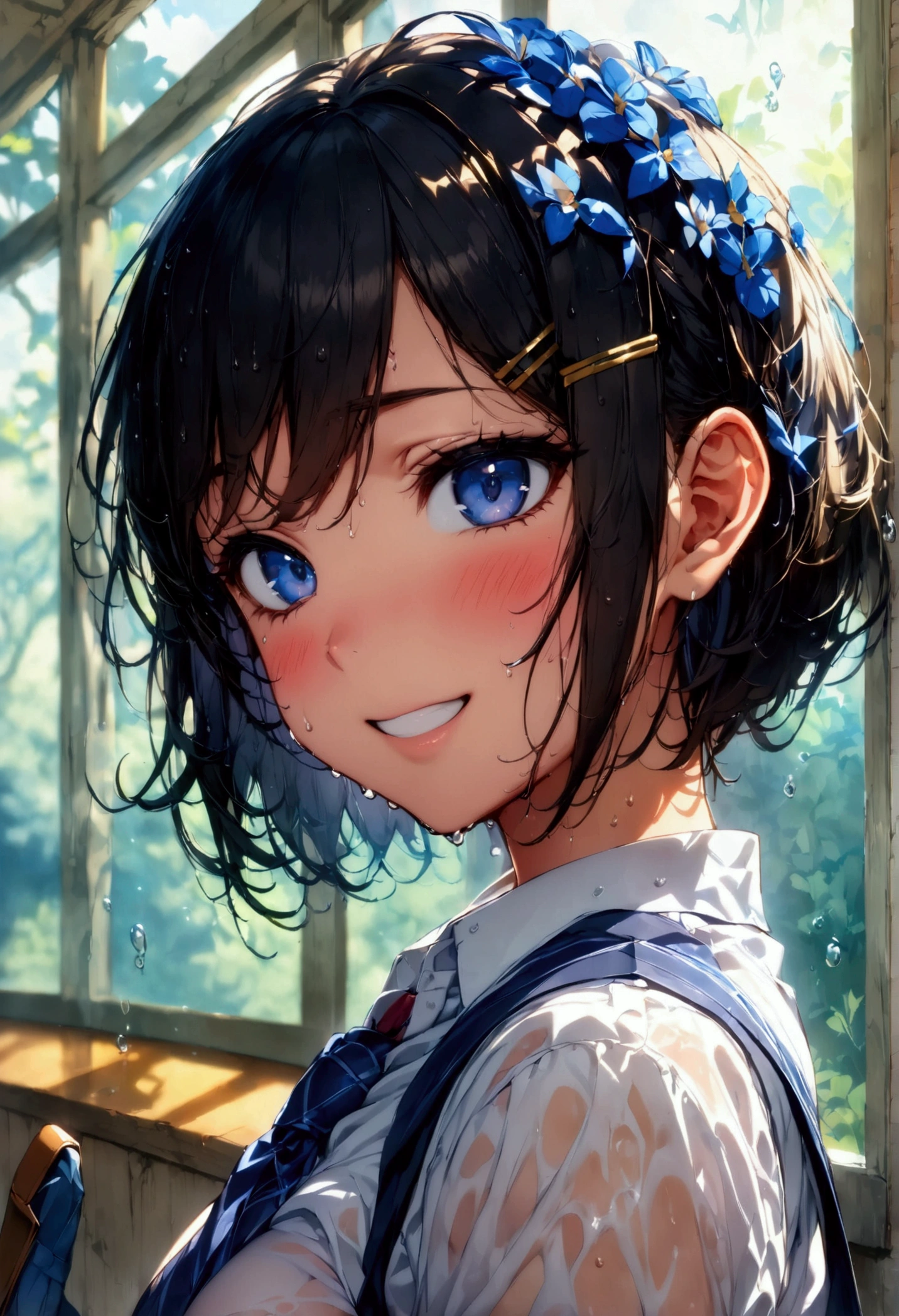 (masterpiece, Official Art), One Girl, Black Hair, blue eyes, hair ornaments, Hair Clip,  (school uniform), (shirt), (tie), (skirt), (Wet), (Upper Body), (close), (Huge breasts), Very good、Bright classroom、 Show Viewer, Grin, attractive, blush, attractive服, (close), (((Place your hands behind your head))), (Upper Body), Short Bob