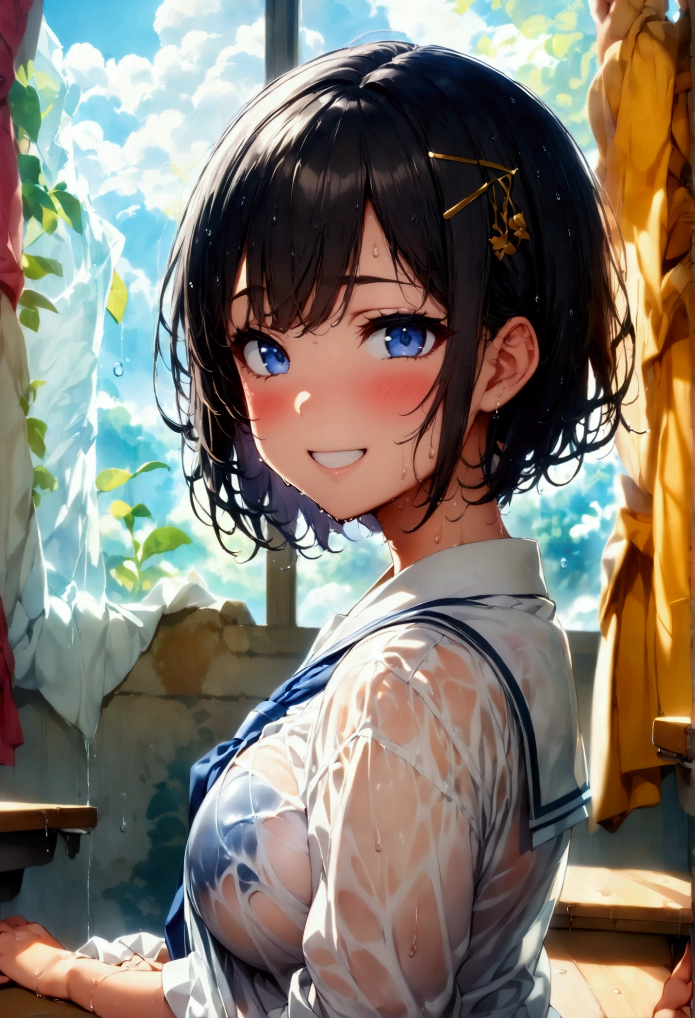 (masterpiece, Official Art), One Girl, Black Hair, blue eyes, hair ornaments, Hair Clip,  (school uniform), (shirt), (tie), (skirt), (Wet), (Upper Body), (close), (Huge breasts), Very good、Bright classroom、 Show Viewer, Grin, attractive, blush, attractive服, (close), (((Place your hands behind your head))), (Upper Body), Short Bob