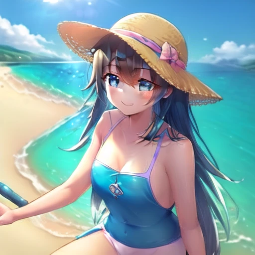 1girl, anime, enjoying a sunny day at the beach, golden sands, clear blue sky, turquoise waters, gentle waves, beach umbrella, colorful beach towel, straw hat, sunglasses, joyful expression, flounced top swimsuit, casual beach shorts
