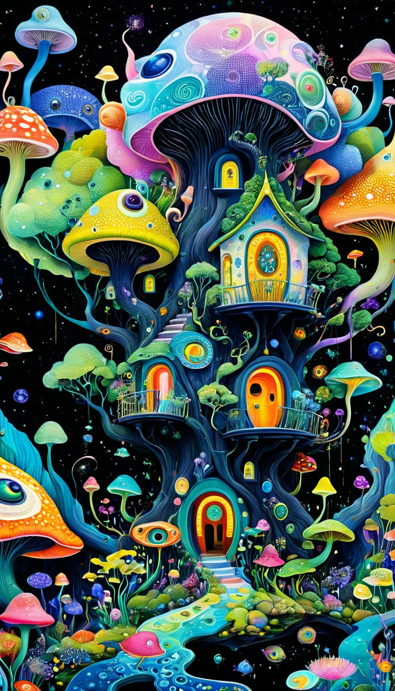 Three-dimensional painting。1snails house,Artists from the stars,Colorful black,A world of color,Dopamine,mouth,A cloud、snails、iris、fish、Tentacles、bird、Eye、diatom,Abstract mosaic painting,Describing the inner world of autistic people,Sense of space,White Space,interesting,Innocence,Psychedelic Art,Black overall,there is a painting of a tree house with a inside, psychedelic illustration, colorful illustration, whimsical and psychedelic, colourful biomorphic temple, a beautiful artwork illustration, jane newland, jordan grimmer and james jean, surreal alien kingdom, japanese pop surrealism, psychedelic surreal art, painting by android jones, colorful flat surreal ethereal, detailed fantasy illustration