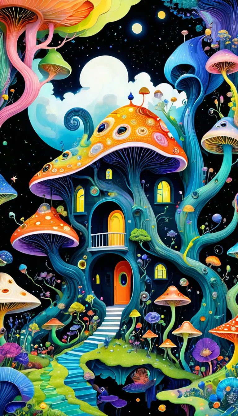 Three-dimensional painting。1snails house,Artists from the stars,Colorful black,A world of color,Dopamine,mouth,A cloud、snails、iris、fish、Tentacles、bird、Eye、diatom,Abstract mosaic painting,Describing the inner world of autistic people,Sense of space,White Space,interesting,Innocence,Psychedelic Art,Black overall,there is a painting of a tree house with a inside, psychedelic illustration, colorful illustration, whimsical and psychedelic, colourful biomorphic temple, a beautiful artwork illustration, jane newland, jordan grimmer and james jean, surreal alien kingdom, japanese pop surrealism, psychedelic surreal art, painting by android jones, colorful flat surreal ethereal, detailed fantasy illustration