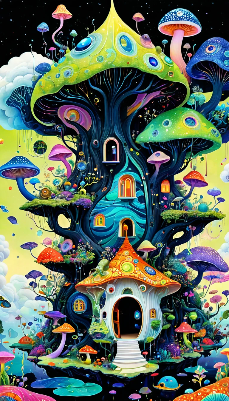 Three-dimensional painting。1snails house,Artists from the stars,Colorful black,A world of color,Dopamine,mouth,A cloud、snails、iris、fish、Tentacles、bird、Eye、diatom,Abstract mosaic painting,Describing the inner world of autistic people,Sense of space,White Space,interesting,Innocence,Psychedelic Art,Black overall,there is a painting of a tree house with a inside, psychedelic illustration, colorful illustration, whimsical and psychedelic, colourful biomorphic temple, a beautiful artwork illustration, jane newland, jordan grimmer and james jean, surreal alien kingdom, japanese pop surrealism, psychedelic surreal art, painting by android jones, colorful flat surreal ethereal, detailed fantasy illustration