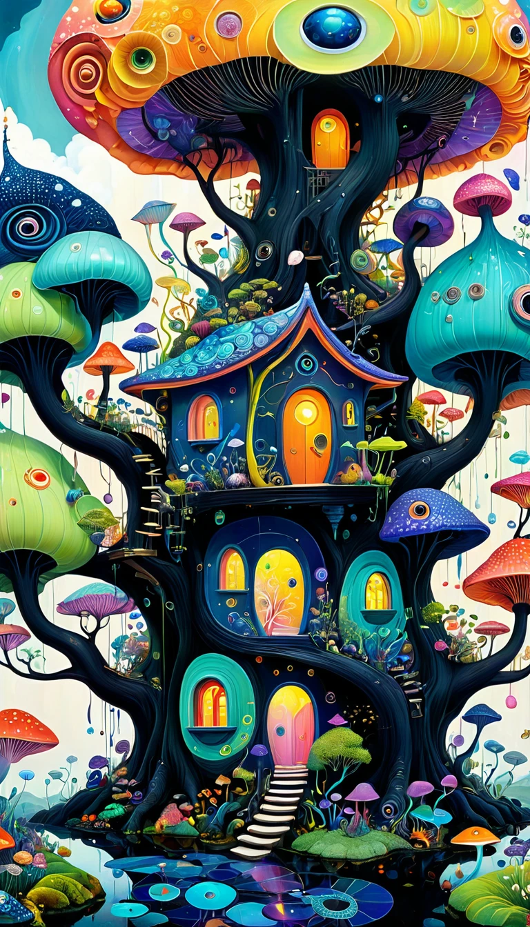 Three-dimensional painting。1snails house,Artists from the stars,Colorful black,A world of color,Dopamine,mouth,A cloud、snails、iris、fish、Tentacles、bird、Eye、diatom,Abstract mosaic painting,Describing the inner world of autistic people,Sense of space,White Space,interesting,Innocence,Psychedelic Art,Black overall,there is a painting of a tree house with a inside, psychedelic illustration, colorful illustration, whimsical and psychedelic, colourful biomorphic temple, a beautiful artwork illustration, jane newland, jordan grimmer and james jean, surreal alien kingdom, japanese pop surrealism, psychedelic surreal art, painting by android jones, colorful flat surreal ethereal, detailed fantasy illustration