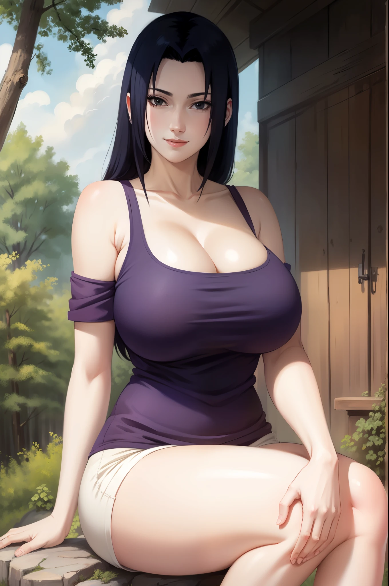 Mikoto Uchiha, oil painting, highly detailed, realistic, portrait, bright colors, soft lighting, (best quality, 4k,8k, height, masterpiece: 1.2), (big round breasts: 1.5), professional, long black hair, eyes black, beautiful detailed eyes and face, very detailed smile, long eyelashes, sitting on a rock, looking towards the viewer, very short top, big butt, bare shoulders, white shorts, outdoors, forest, cowboy shot, collarbone.