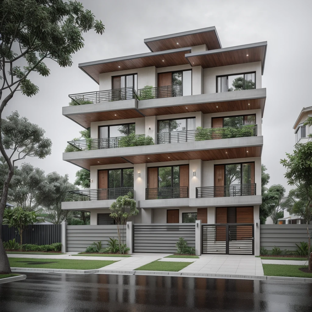 exterior of house, modern, townhouse, Modern house gate, minimalistic, the house is located in an urban area of Hanoi Vietnam, wall concrete gray and wood, facing the road, plant and tree, sidewalks, sidewalk trees, corona render, 3ds max, wide view, overcast sky, a moody foggy environment, sunny cinematic, natural light