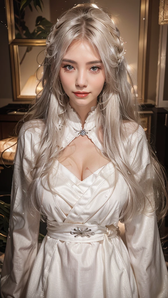 a beautiful detailed woman with long white hair, snowy hair, medium breasts, looking at the viewer, (detailed face), high resolution, photorealistic, Taoist, beautiful smile, open mouth