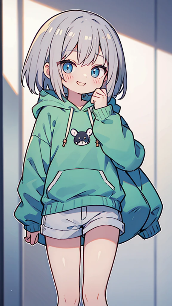 masterpiece、Very detailed、(One Girl:1.2)、Gray Hair、hoodie、Big eyes、Close-up、Laughter、、short hair、Gray shorts、(((Anime Style)))、Shining Eyes、Open your mouth,Blue Eyes、smug face、front、whole body