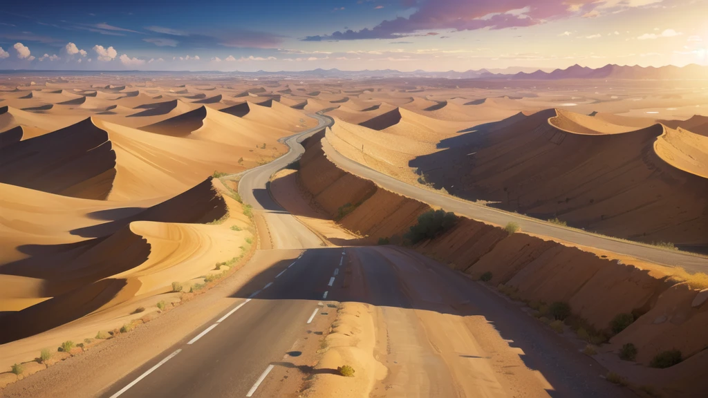 (desert  :1.2),road ,(รถกระบะวิ่งบนroad:1.2)  landscape:1.5 , There&#39;s an ambulance far away.