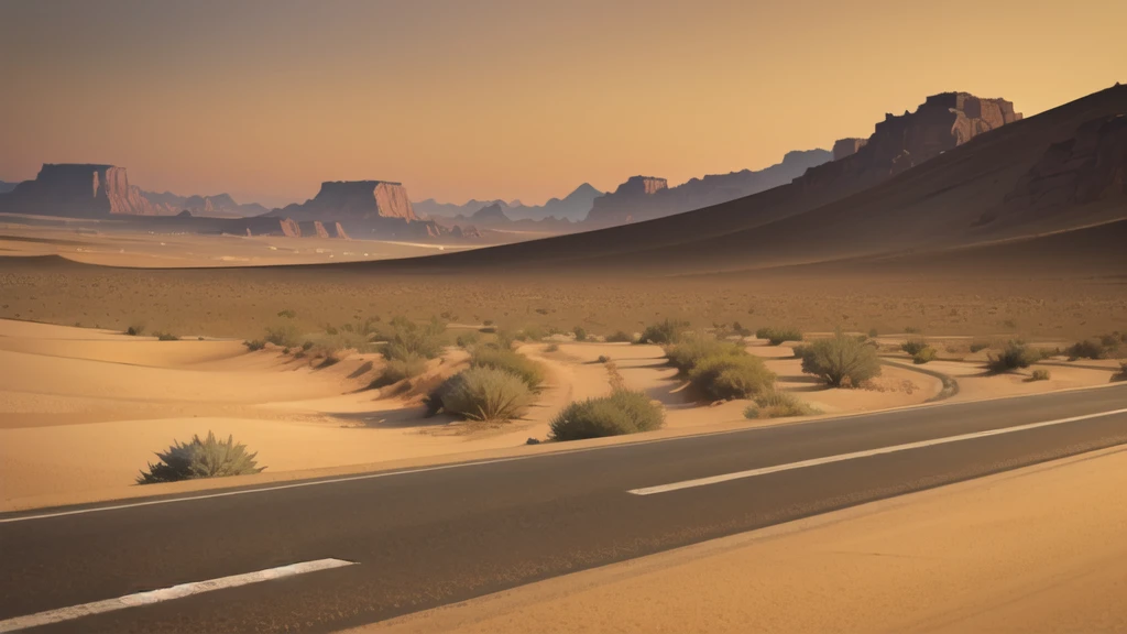 (desert  :1.2),road ,(รถกระบะวิ่งบนroad:1.2)  landscape:1.5 , There&#39;s an ambulance far away.