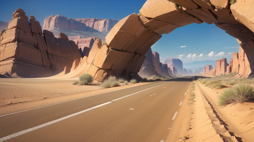 (desert :1.2),road ,(รถกระบะวิ่งบนroad:1.2) landscape:1.5 , There's an ambulance far away.