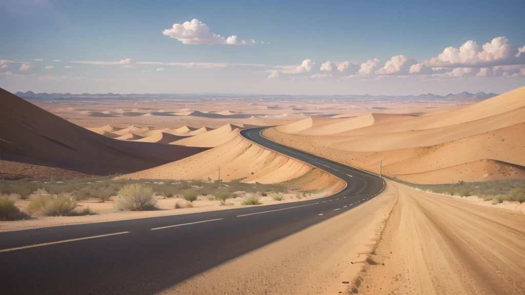 (desert  :1.2),road ,(รถกระบะวิ่งบนroad:1.2)  landscape:1.5 , There&#39;s an ambulance far away.