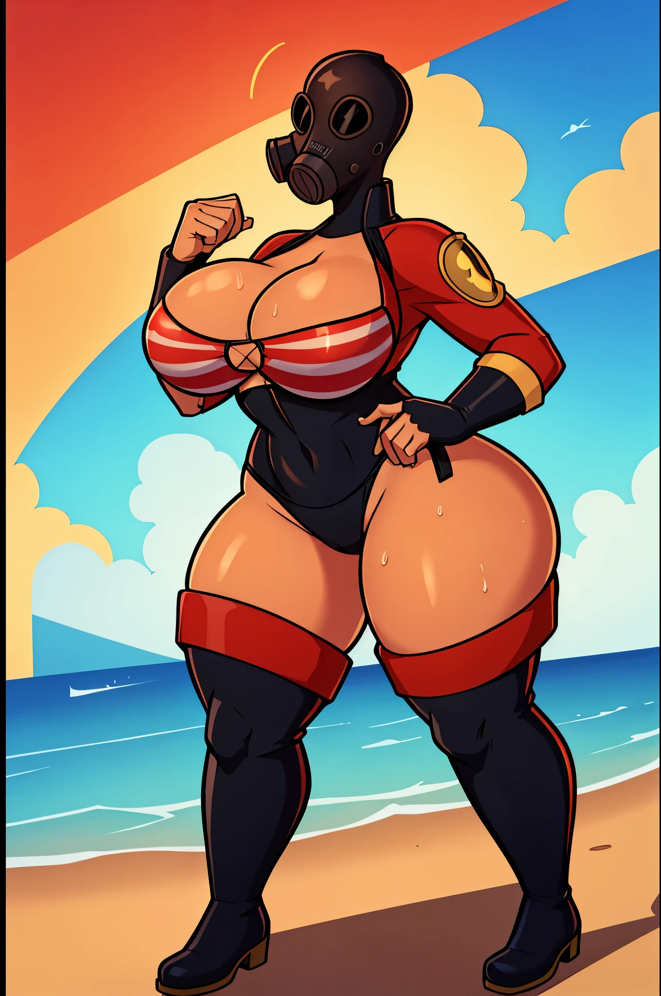 a busty Fempyro from Team Fortress 2 posing seductively at the beach, (wearing an american flag print bikini and a gas mask), thigh high boots, faceless, with her bare skin exposed, wide hips, shapely, beautiful, full-figured, a big booty and ass, huge bosom, big sweaty boobies, ((ridiculously big tits)), perfect milky breasts, (M-cup breasts), (massive perky boobs), and thick thighs, sexy, lewd, (1girl), faceless, sweating, hot, clear background, high detail, masterpiece