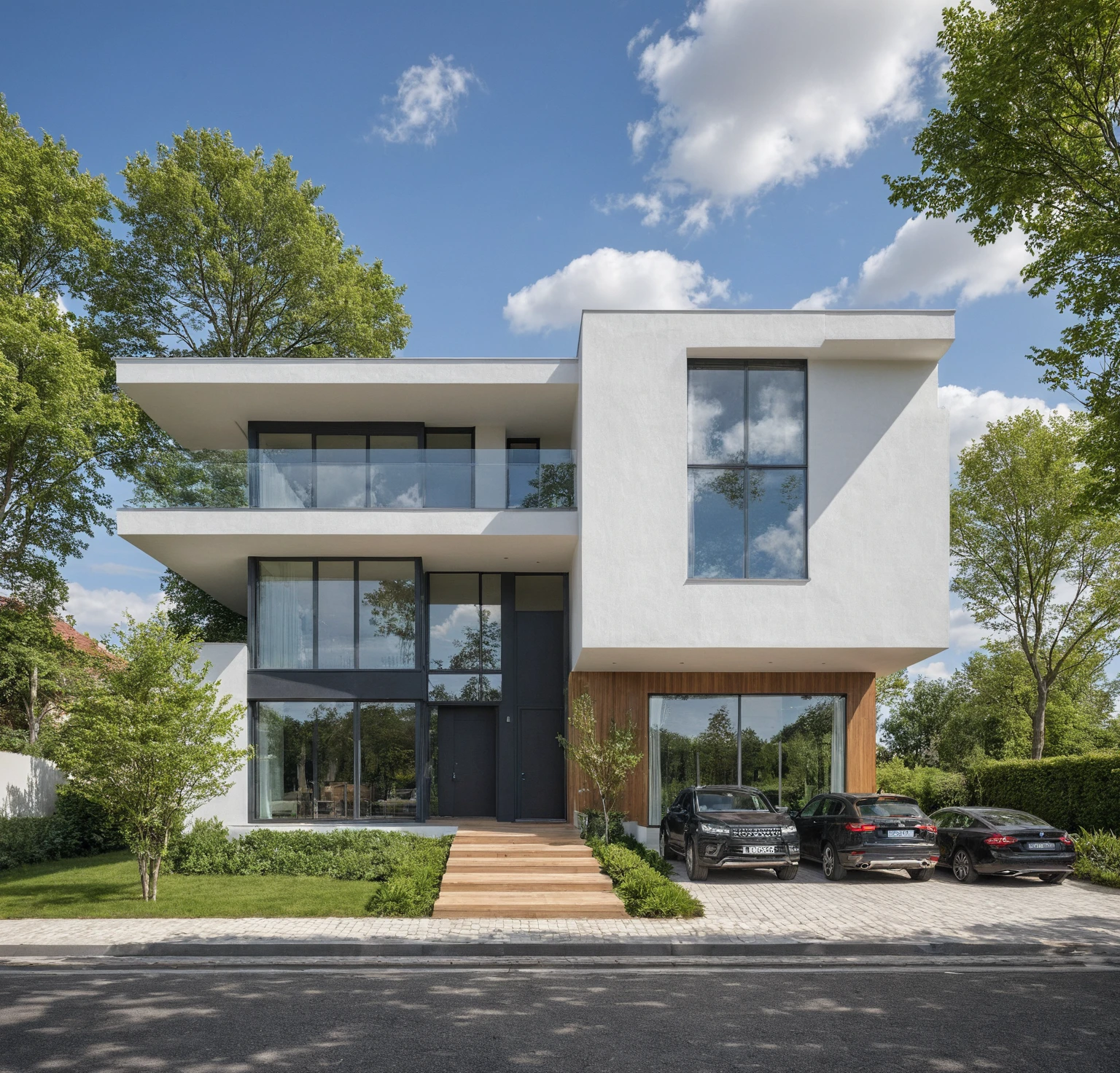 artwork, High quality, Best quality, authentique, Great detail, En plein air, villa de plain-piedXL, credit group, style de maison moderne dans la rue ,escaliers, mur blanc ,route,pavement, herbe, des arbres, ciel, nuage, (day light:1.1)
