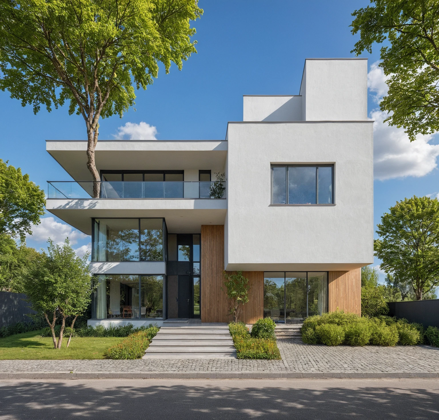 artwork, High quality, Best quality, authentique, Great detail, En plein air, villa de plain-piedXL, credit group, style de maison moderne dans la rue ,escaliers, mur blanc ,route,pavement, herbe, des arbres, ciel, nuage, (day light:1.1)