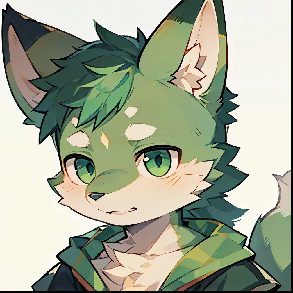 Close up of a young male light green fur wolf orc cute cartoon, Personal face picture