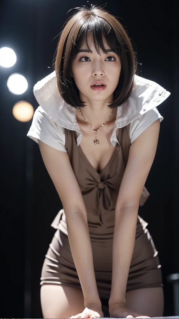 (masterpiece:1.2), (Highest quality), (Visible everywhere:1.3) ,(Very detailed), (8K, Complex), (Lens 135mm,F1.8), (Realistic)(Black background:1.3), Portrait Photography, Side lighting,Edge lights up,Best Shadow,Area light source,Perfect Anatomy,perfect face shape,Best for women,Best Female Body,Improves skin texture,Fine fabric pattern,Precise beauty,Delicate and delicate skin,Very detailed肌,Pale skin,Delicate hair,Glowing Skin,Very detailed顔と肌の質感, Shiny skin, Crisp details, 超Realistic, Fine and beautiful skin, 1 female, 30 years old, Japanese women, (thin:Weight 1.0), Small breasts:1.3, ((Bob Hair, short hair, Straight hair, bangs:1.3, Brown Hair)),Pervert woman, (Office Uniforms, ofiice suits, White blouse, Tight mini skirt, Nipples, Nipples), (((Cowgirl))), The buttoned up shirt flutters), necklace, (((Frowning、Open your mouth、Squint your eyes))), (((From below:1.5, Looking at the audience:1.3, close))), Female dog, Browsing Caution,