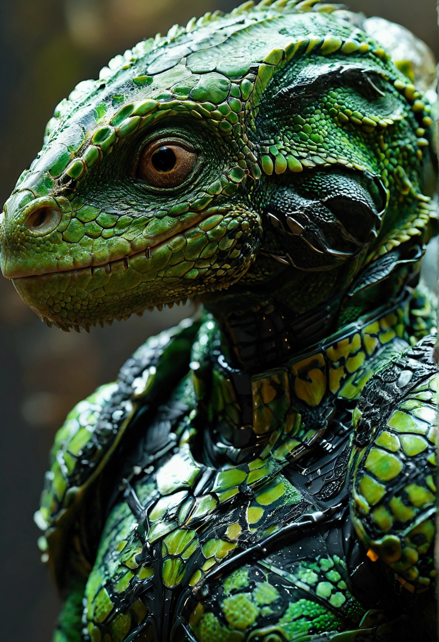 A green reptilian with black space armor, Profile ,  realist