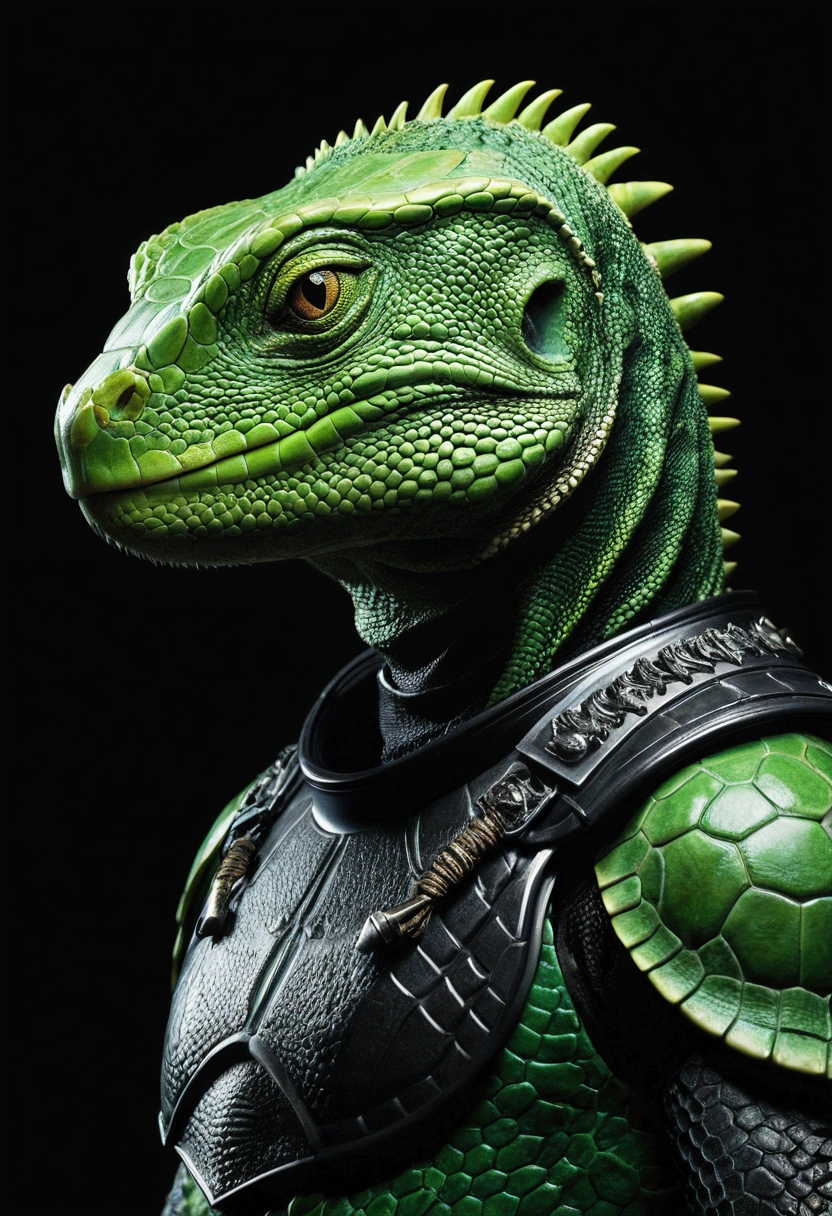 A green reptilian with black space armor, Profile , realist