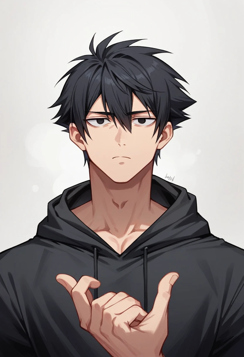 A highschool boy, handsome, perfect body, black hair, short hair, mullet, black eyes, upturned eyes, expressionless, black hoodies, anime, first-person view, masterpiece, anatomically correct, high details, highres, best quality, super detail