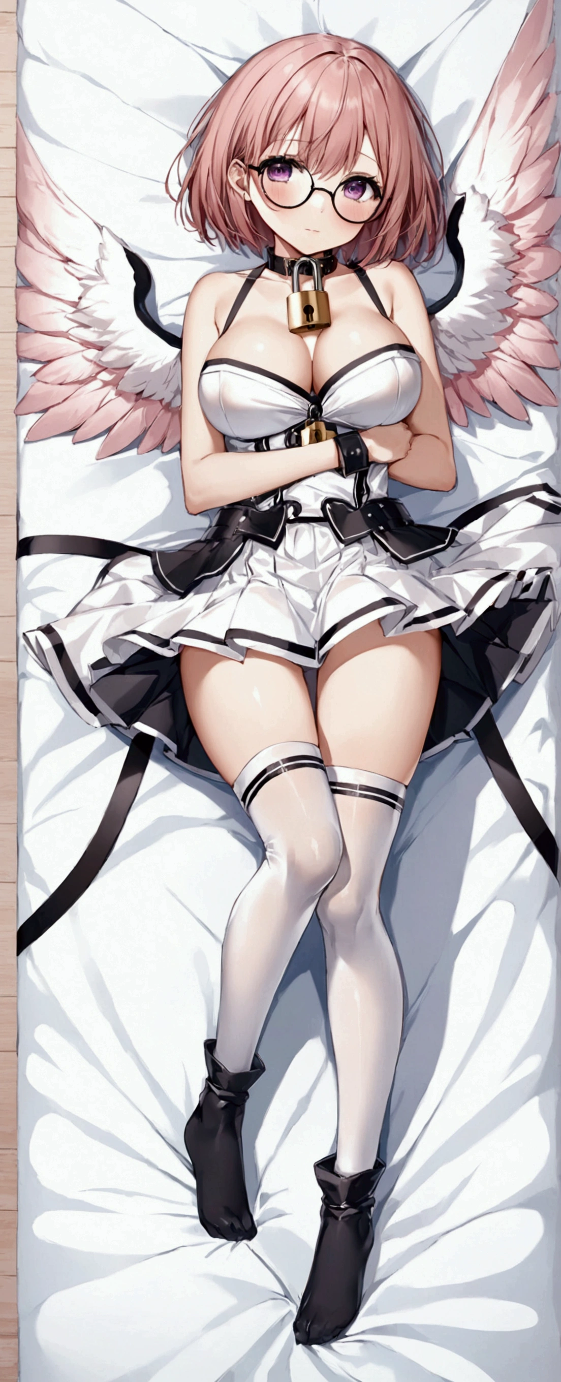 One girl, alone, Short Bob,Round Glasses, chest, skirt, large chest, Knee socks, chestの谷間, Purple Eyes, Pink Hair, Lie in, wing, collar, Lock, dakimakura \(Moderate\)