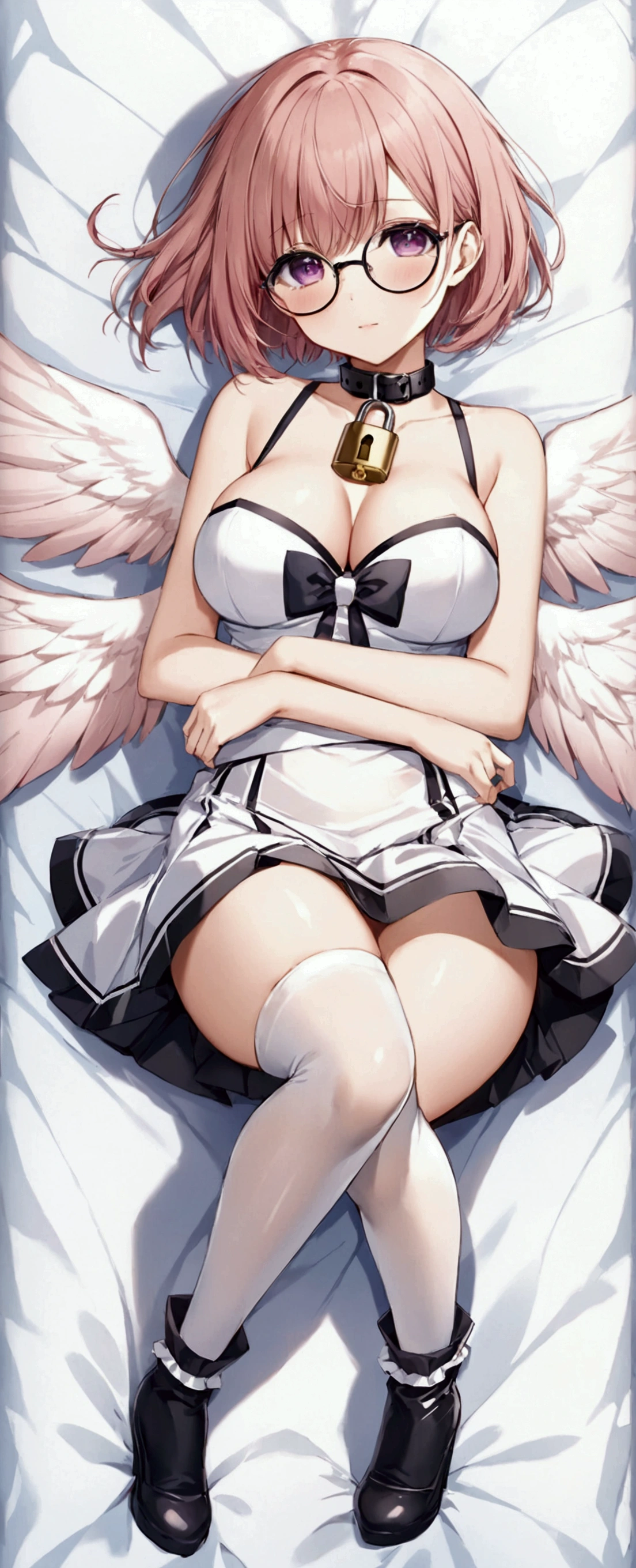 One girl, alone, Short Bob,Round Glasses, chest, skirt, large chest, Knee socks, chestの谷間, Purple Eyes, Pink Hair, Lie in, wing, collar, Lock, dakimakura \(Moderate\)