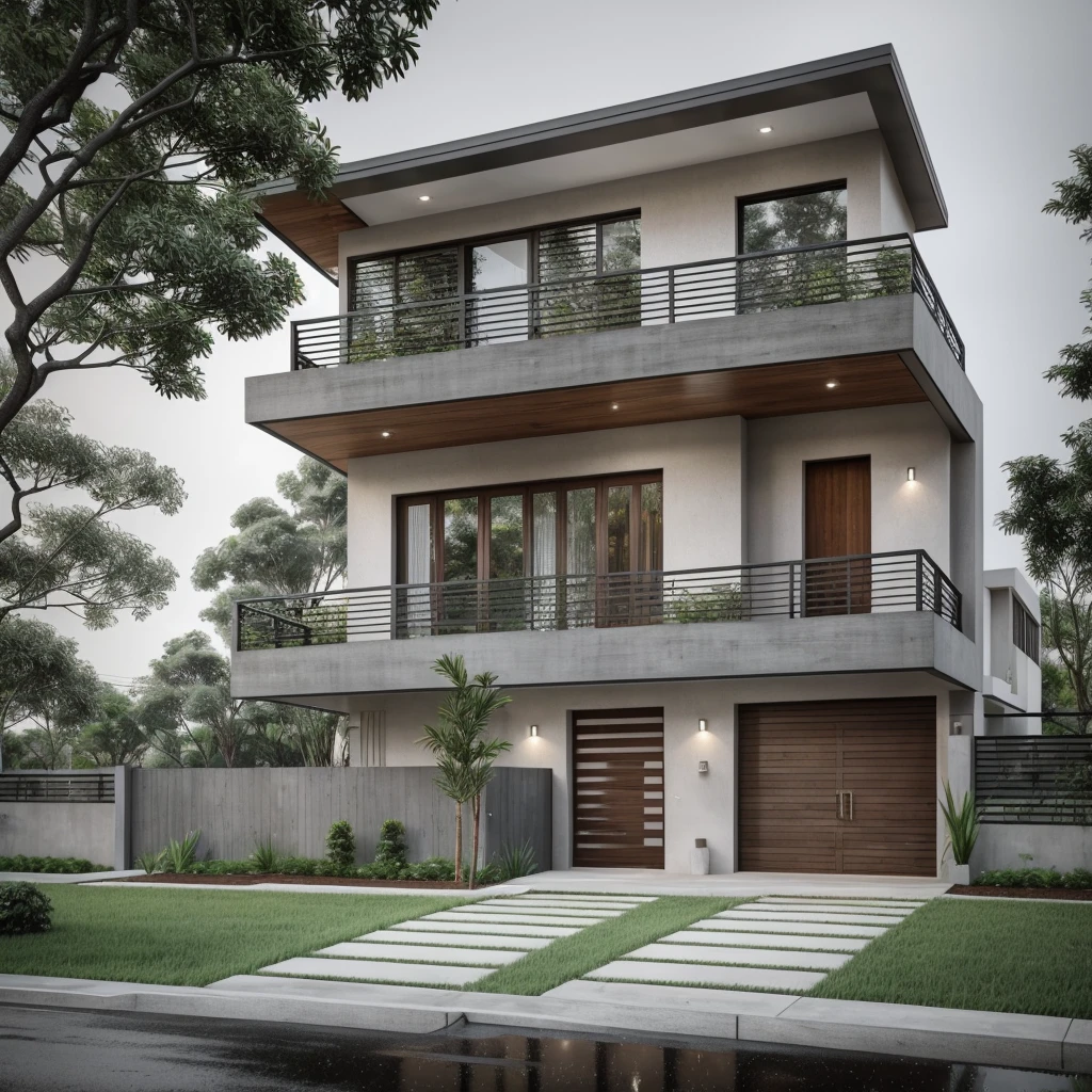 exterior of house, modern, townhouse, Modern house gate, minimalistic, the house is located in an urban area of Hanoi Vietnam, wall concrete gray and wood, facing the road, plant and tree, sidewalks, sidewalk trees, corona render, 3ds max, wide view, overcast sky, a moody foggy environment, sunny cinematic, natural light