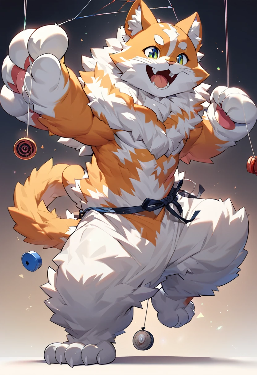 Floragato, Furry Pokémon, Cat, Yo-yo, string, feet, Action pose, alone, (Body hair:1.2), (Highest quality), (Gradient Background:1.2), Studio Lighting, (detailed fluffy fur:1.1), View your viewers, Animal Hands, tail, 