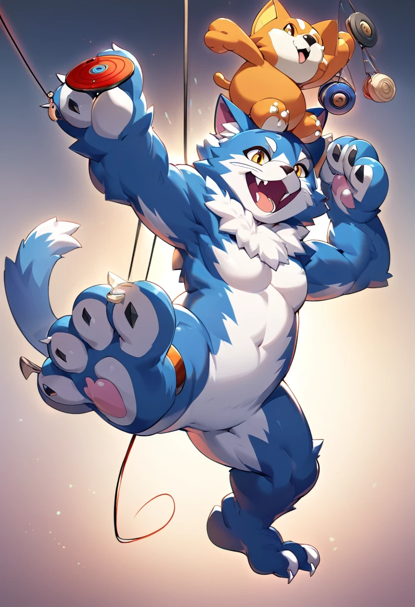 Floragato, Furry Pokémon, Cat, Yo-yo, string, feet, Action pose, alone, (Body hair:1.2), (Highest quality), (Gradient Background:1.2), Studio Lighting, (detailed fluffy fur:1.1), View your viewers, Animal Hands, tail,